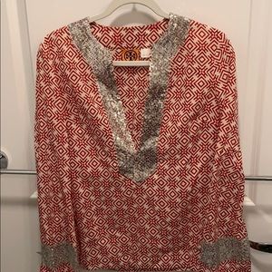 Tory Burch Top/Tunic Red Pattern w Silver Trim